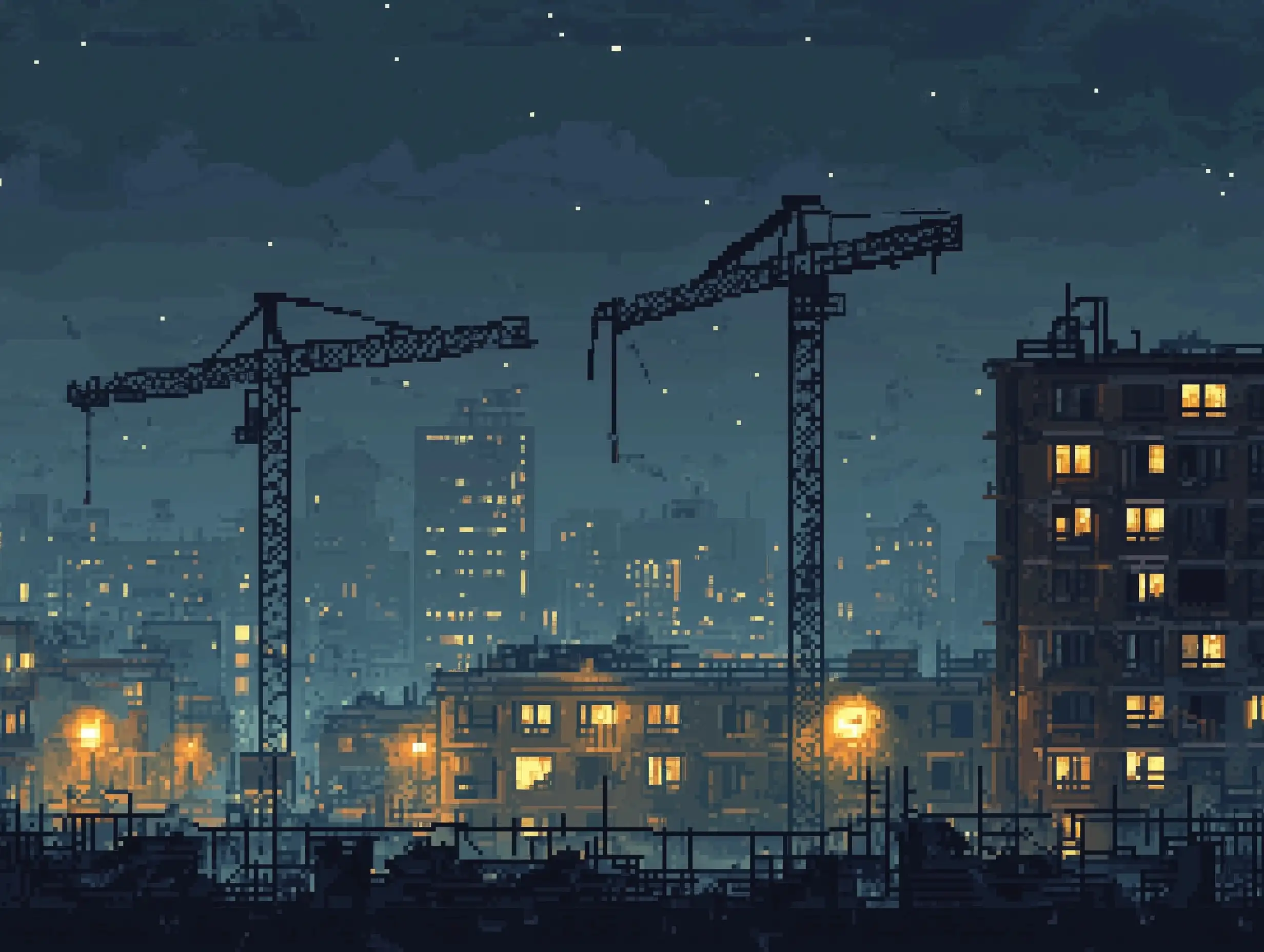 Pixel-Art-Nighttime-Construction-SovietEra-Buildings-Amidst-Modern-Progress