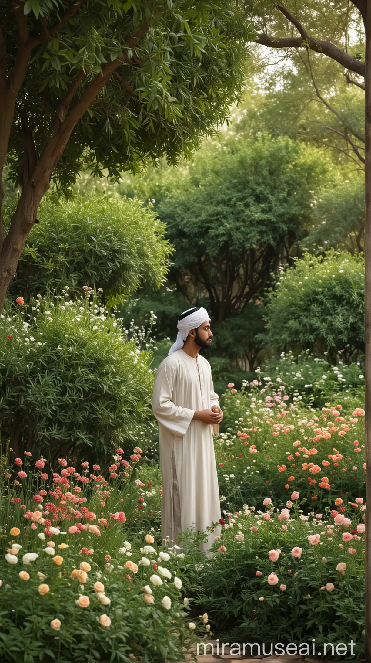 Thoughtful Man in Traditional Islamic Attire Reflecting in Heavenly Garden of Jannat