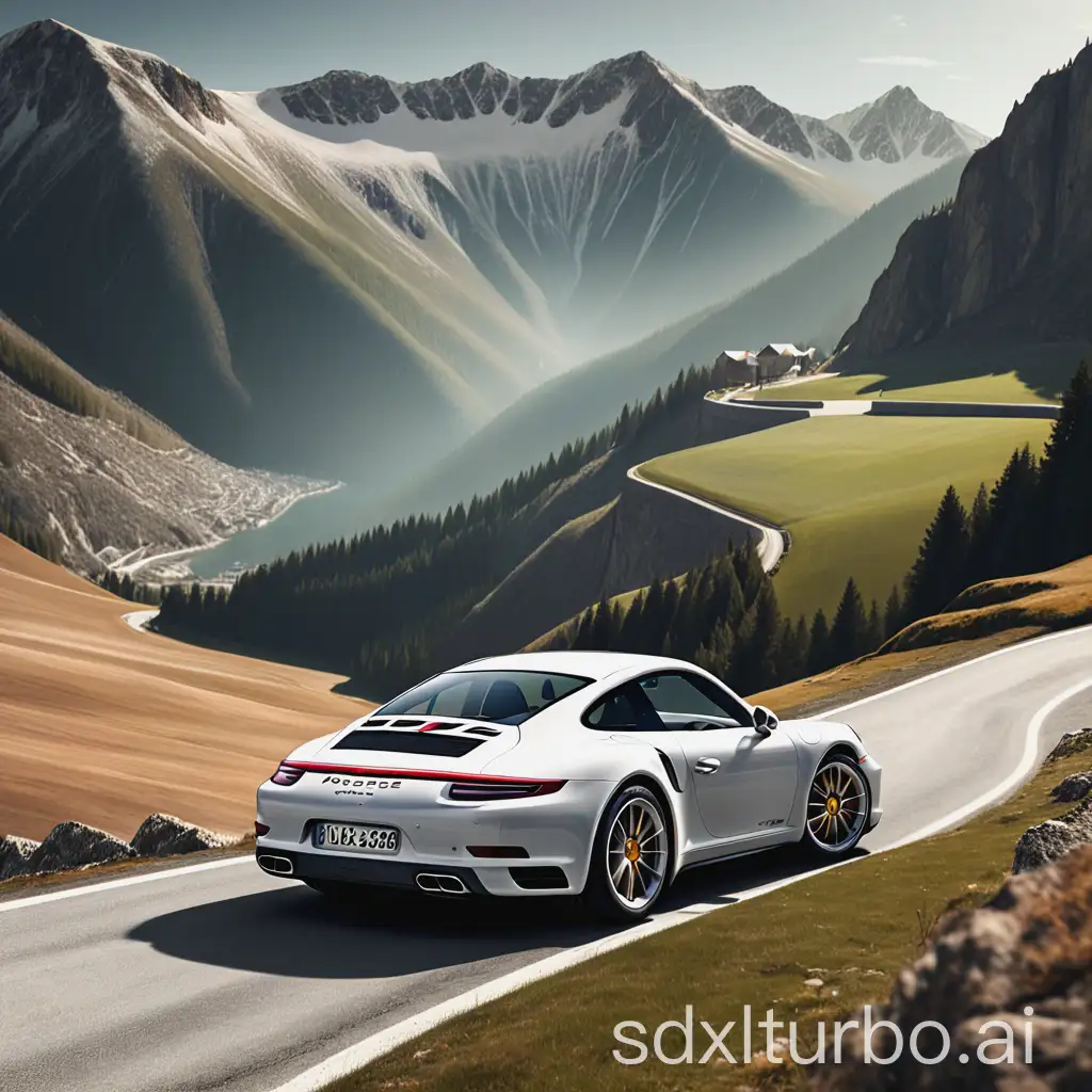 photo of a porche 911 in a mountain landscape
