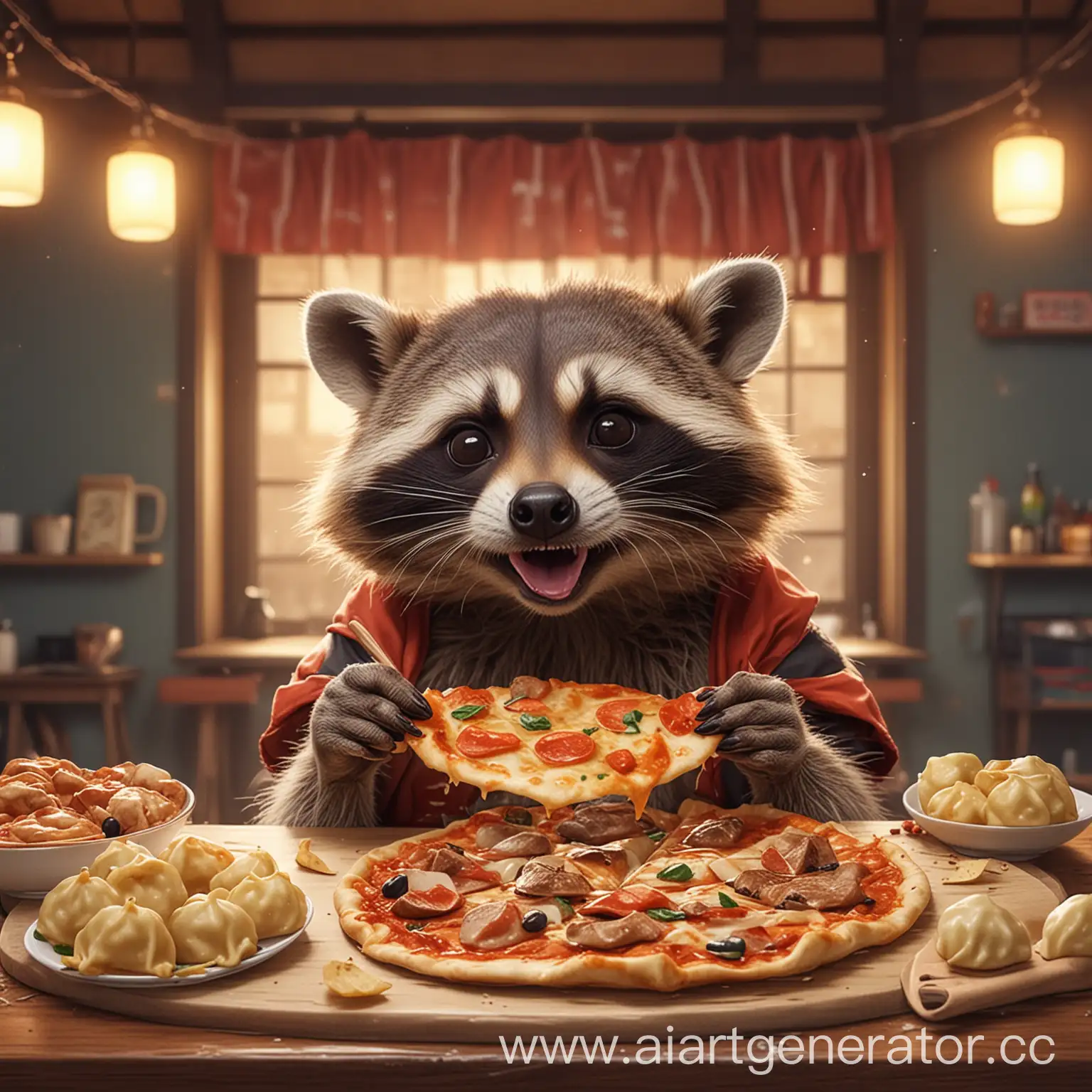 
cheerful raccoon eats pizza anime style background from behind eating dumplings
