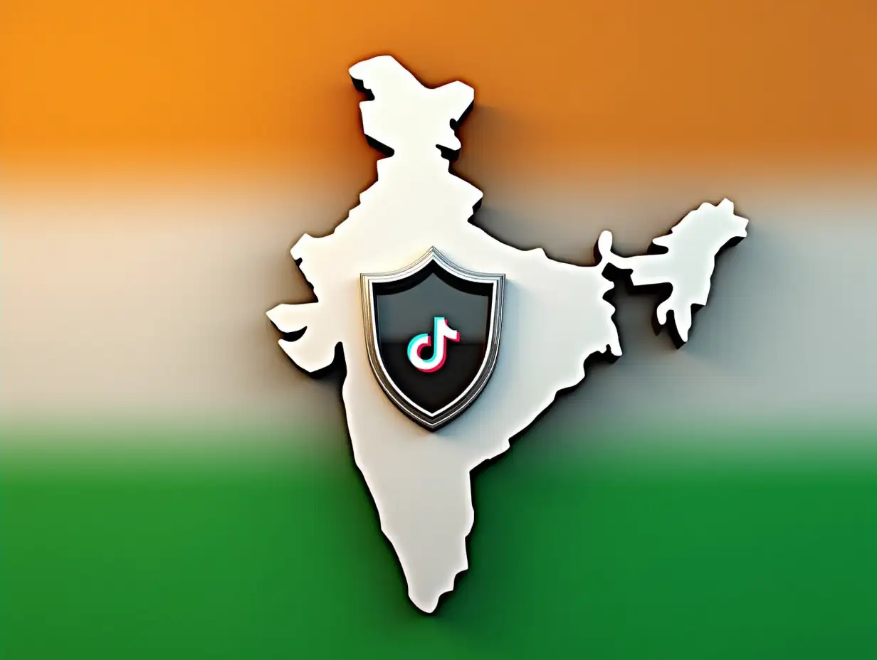 3D map of India with high precision, embedded in a background that gradually transitions from orange at the top to green at the bottom, with an effect reflecting the colors of the Indian flag. In the center of the map, there is a reflective metal shield holding the TikTok app logo, giving a sense of protection or monitoring challenge.