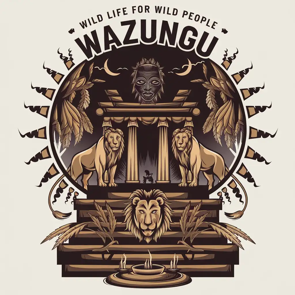 LOGO Design for WAZUNGU WILD LIFE FOR WILD PEOPLE Dark Spiritual Temple with Lion and African Mask Elements