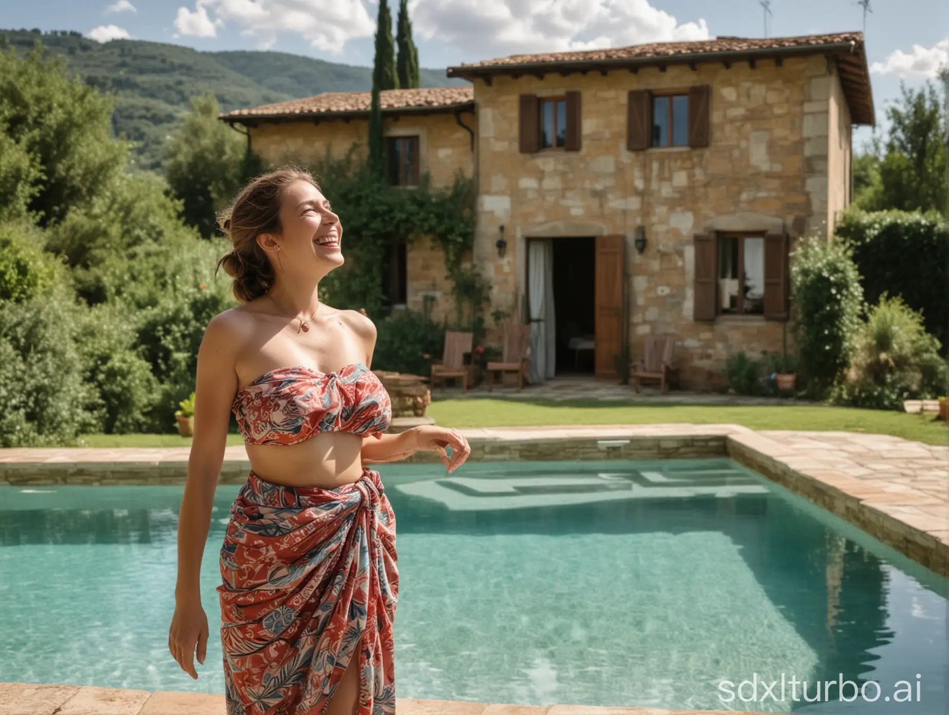 A woman in a sarong. She stands by a pool in Tuscany. She laughs. A house is in the background.