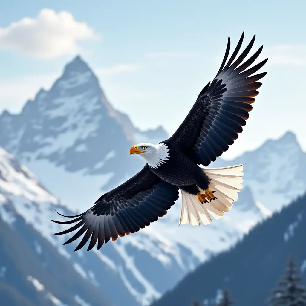 A black and white colored eagle looks bold as it soars around the snow-covered mountains