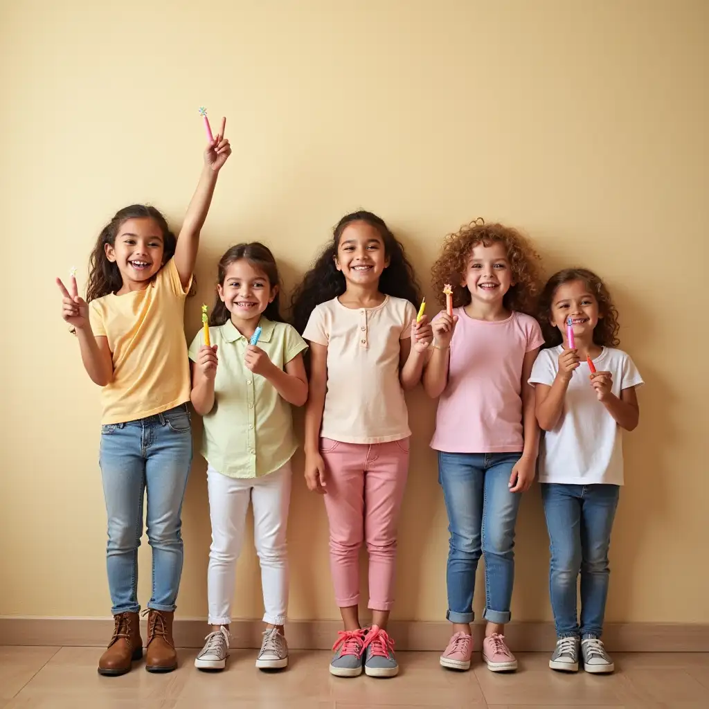 Children's party, five or six little friends together celebrating, all standing in front of the wall