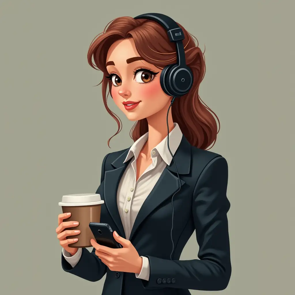 A girl in a business suit. Accessories headphones, coffee, iPhone
