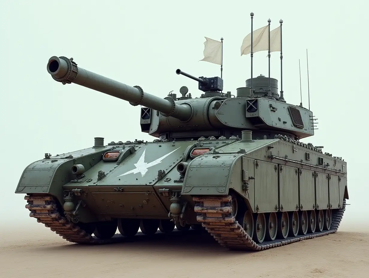 A huge tank. Instead of a gun - LCD monitor. The tank is hung with anti-cumulative grids and nets on all sides. Strong armor. A white flag is drawn on the armor, three more white flags are sticking out from the tower.