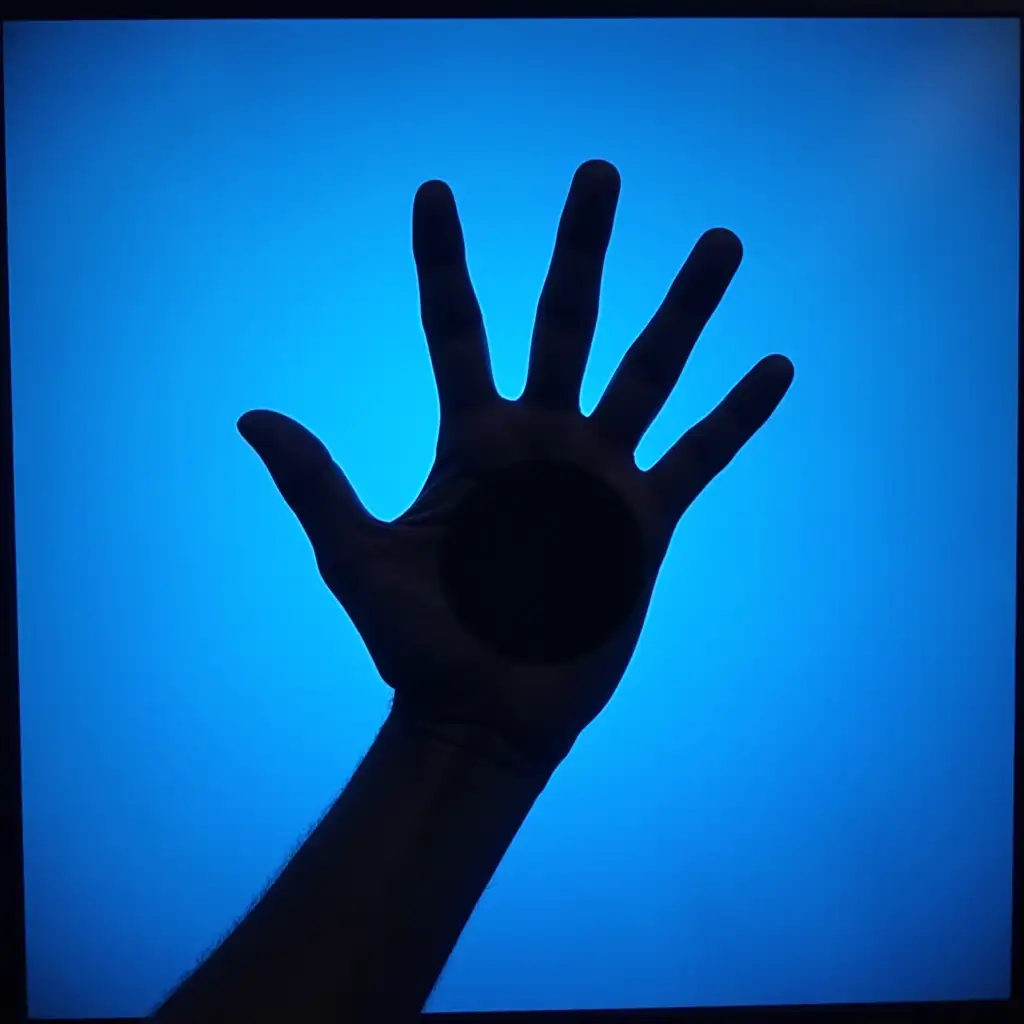 In the blue screen rectangle yawned a coal-black five-fingered hole as if someone had squeezed through the surface of the screen with the palm of their left hand.