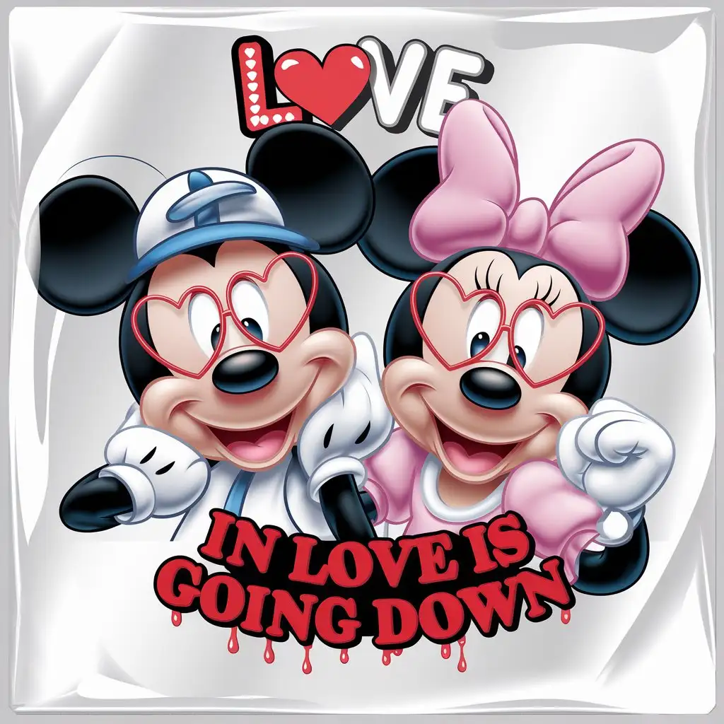 Sure, here is an image of a glossy image with a white background, featuring Mickey Mouse's face in a baseball cap and Minnie Mouse with long eyelashes and pink lipstick. They both wear heart-shaped glasses. At the top, the word 'Love' is written in red and white, and below it, the phrase 'in love is going down' is written in dripping red letters. The image is centered around Mickey and Minnie: