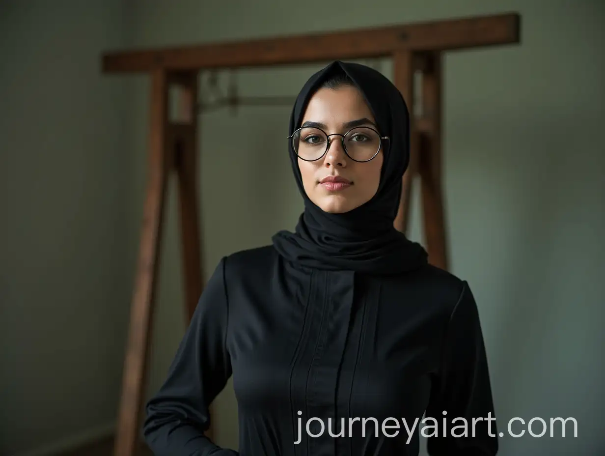 Young-Woman-in-Hijab-with-Round-Glasses-and-Tight-Dress-Standing-Against-Gallows