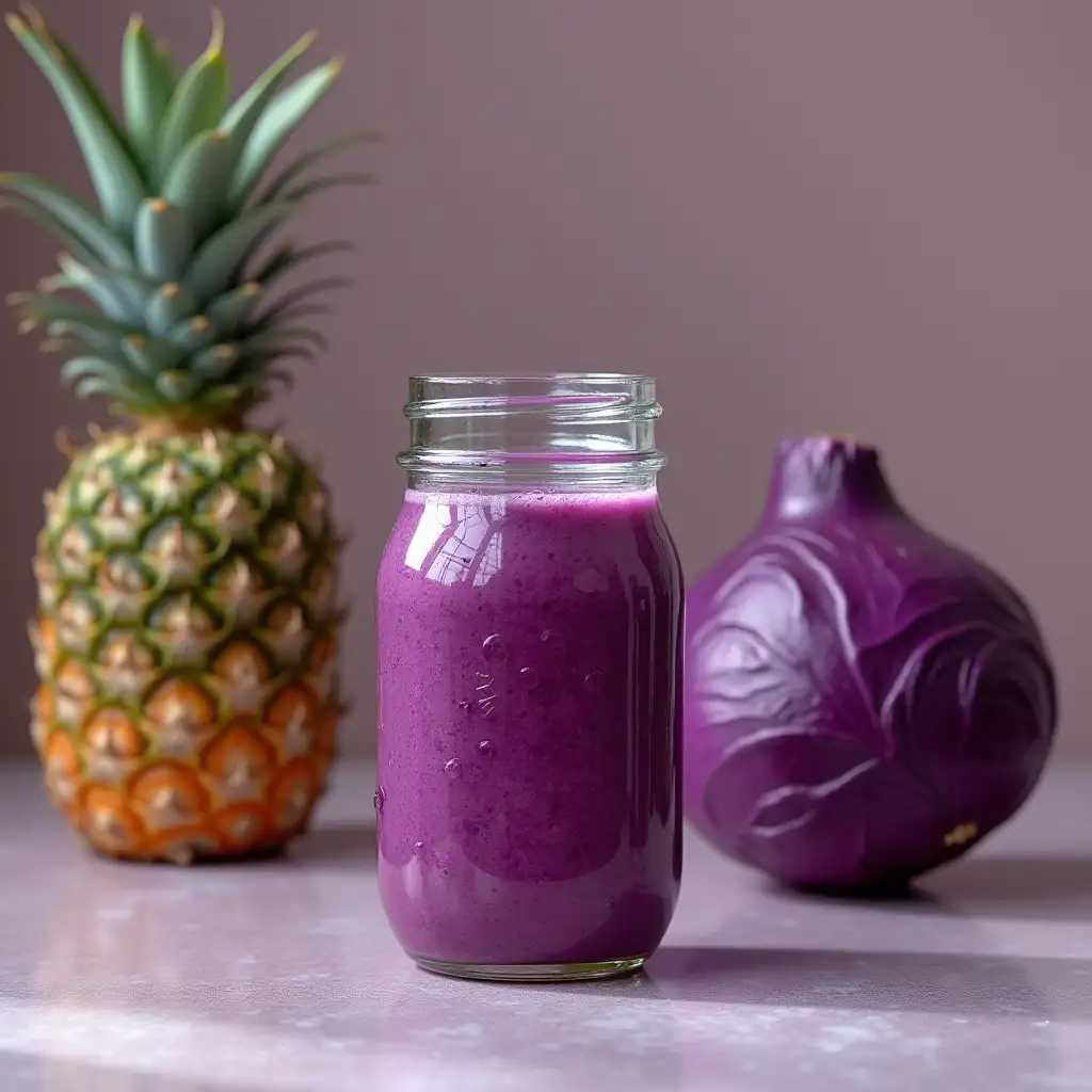 Purple-Juice-in-a-Glass-Jar-with-Purple-Cabbage-and-Pineapple-on-a-Table