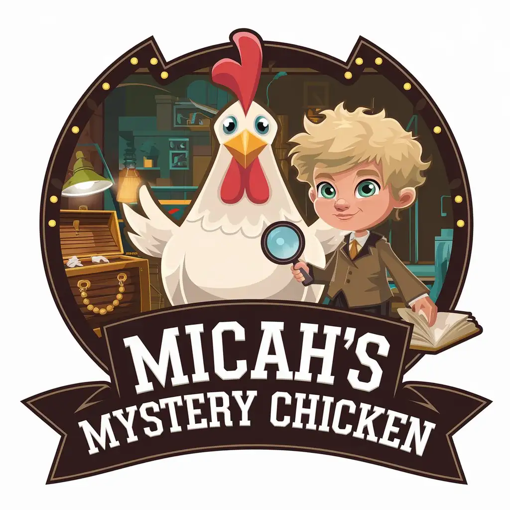 LOGO Design for Micahs Mystery Chicken Boy Detective with Shaggy Blonde Hair and Hidden Chickens