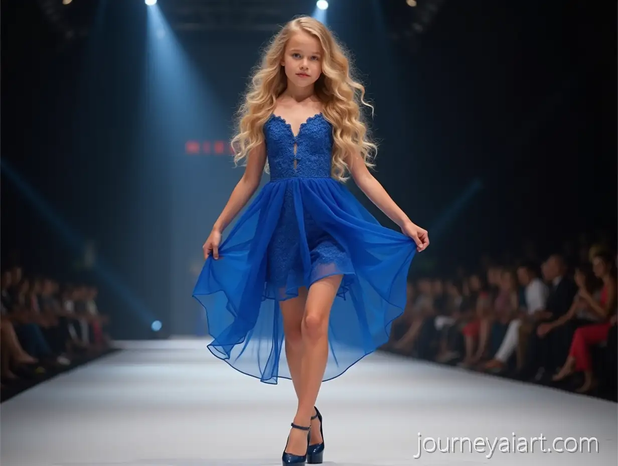 Blond-Girl-in-Lacy-Blue-Dress-Dancing-on-Runway-in-High-Heels