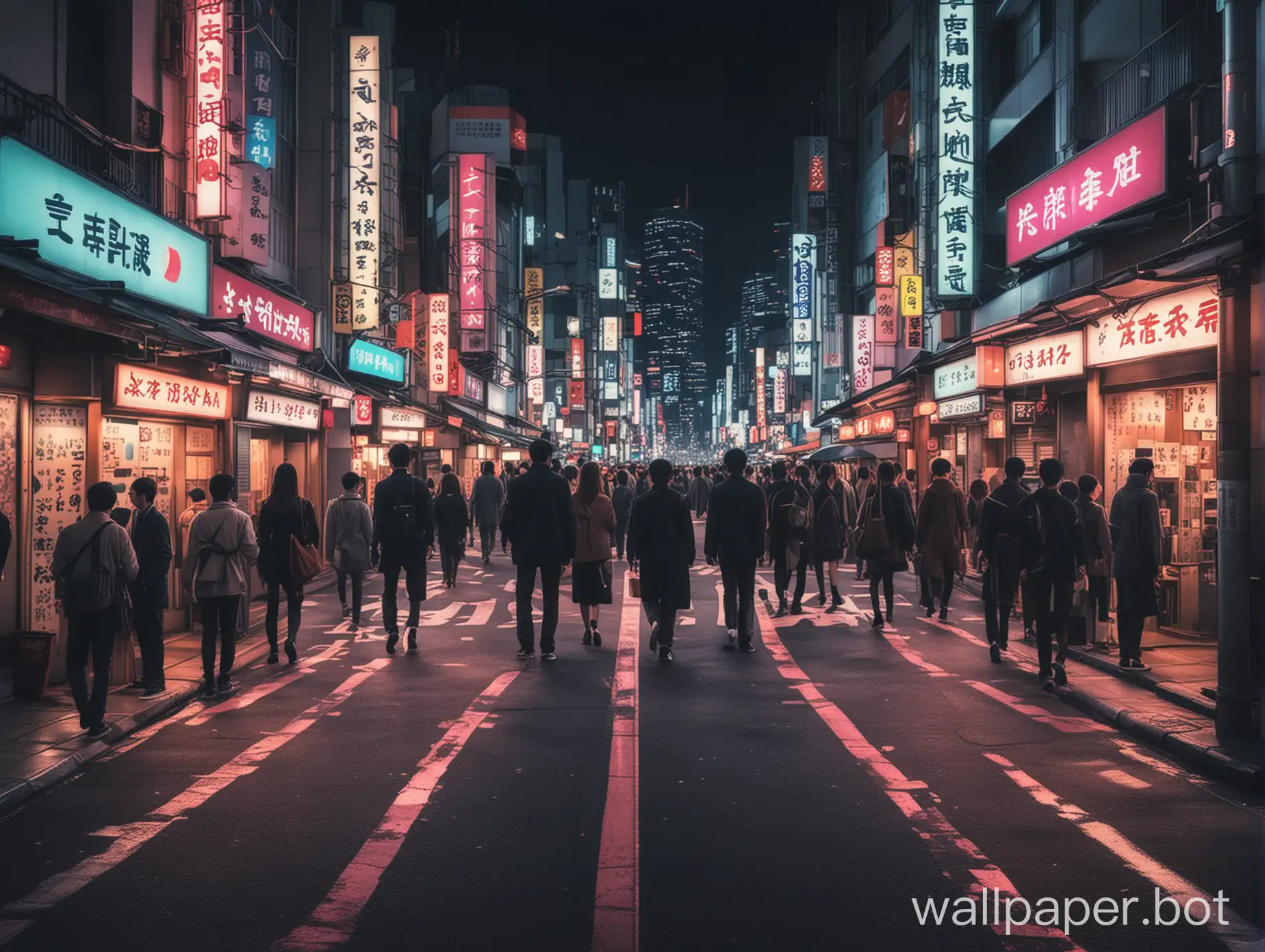 génère moi un fond d'écran animé d'une ville moderne la nuit (Tokyo) avec des personnes qui marchent sur le trottoir et rajoute des effets avec des néons.
