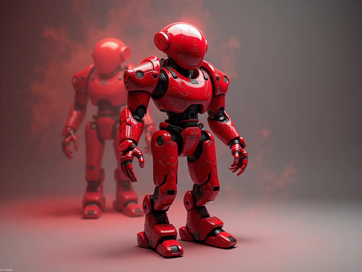 Create a high-resolution, realistic image of an artificial intelligence fractal red robotoid on the photo studio floor at 4-k resolution.