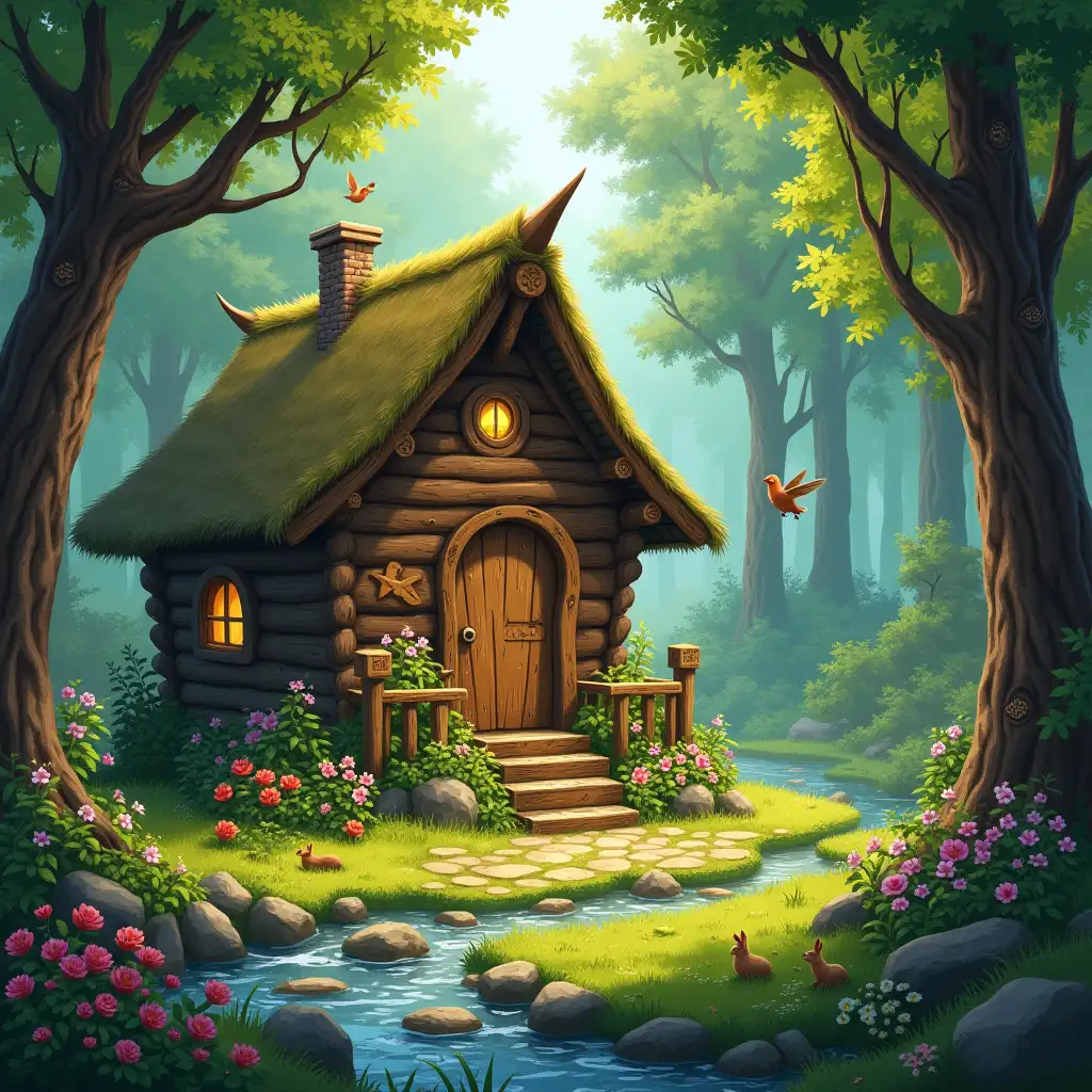 Cozy-Wooden-Cabin-in-a-Serene-Forest-Clearing-with-Lush-Greenery-and-Gentle-Streams