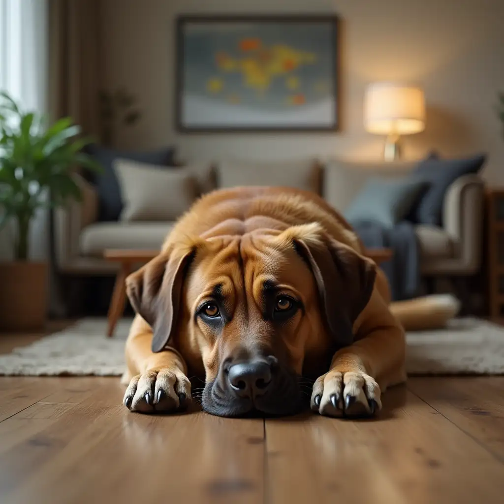 realistic, a big dog laying on the wooden floor of a modern apartment, his head on his front paws, looking sad and worried