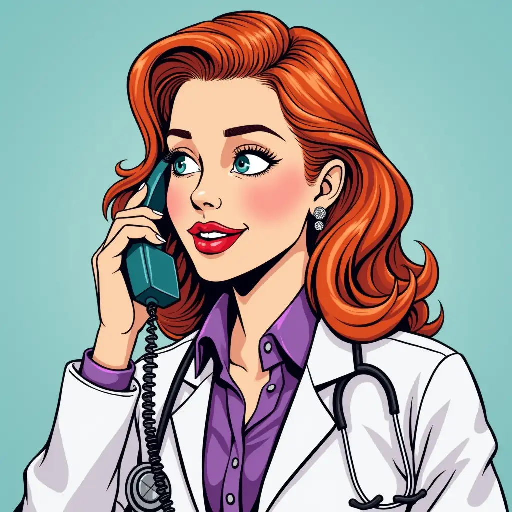 A red-haired girl doctor in pop art style talks on the phone in a purple blouse