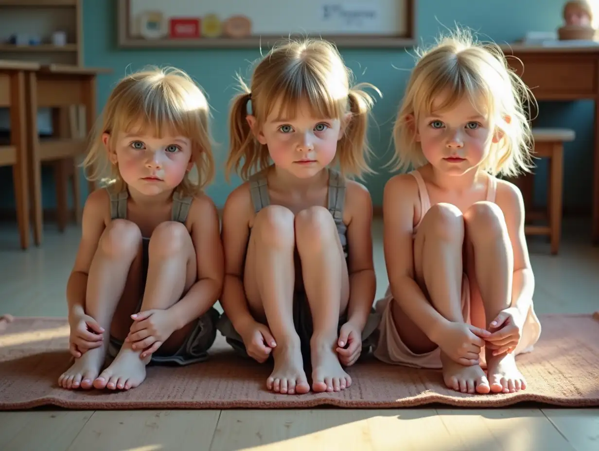 Three-Skinny-Girls-with-Pigtails-Sitting-on-a-Rug-in-a-Classroom