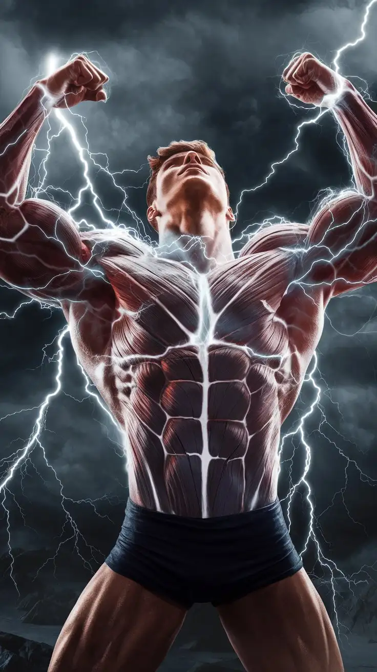 What’s happening to me? This lightning is giving me power. Becoming superhuman. I can feel the power of the cosmos flowing into my body. Body expanding, bulging, pumping, strengthening, filling with super muscular brawn. Power…overwhelming! Beyond human. Beyond masculine. Becoming hugely ripped, massively pumped! Super strong! Super mighty! I am a superhuman being! Photorealistic.