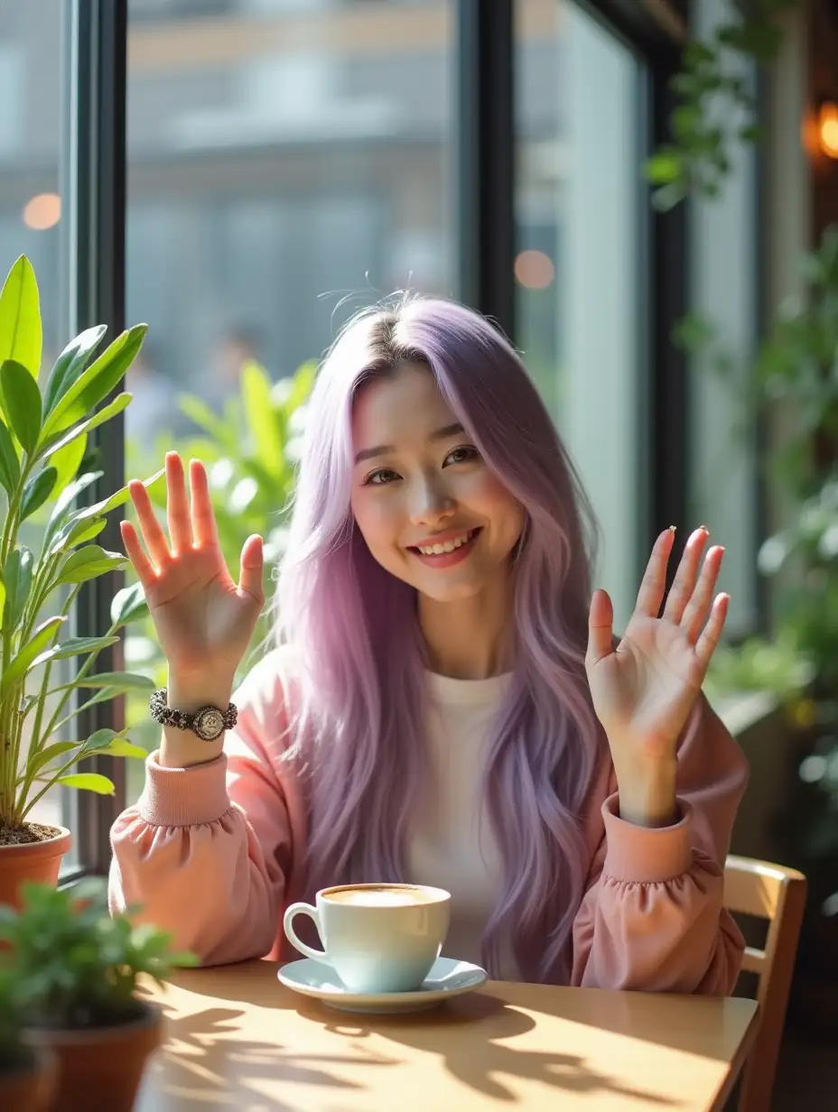 Young-Asian-Woman-in-Trendy-Seoul-Coffee-Shop-with-Pastel-Hair-and-Latte