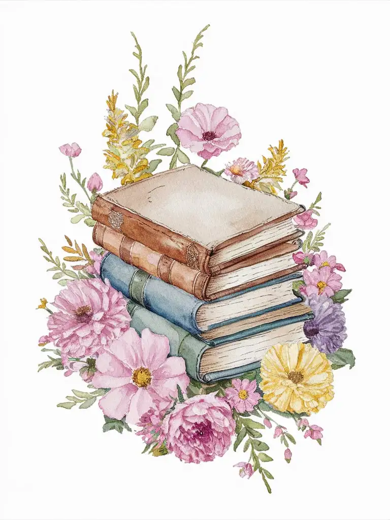 Watercolor Painting of Small Stack of Books with Flowers Around