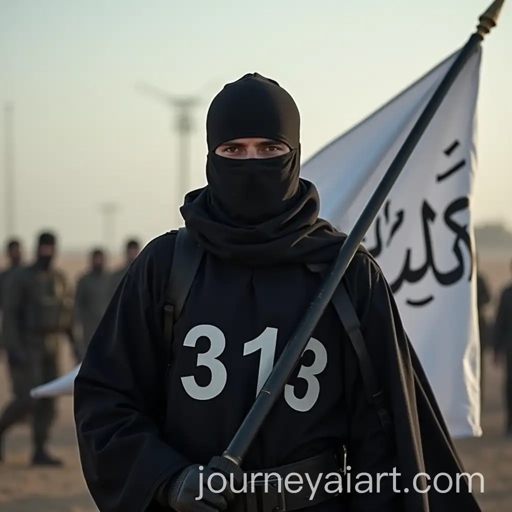 Soldier-in-Imam-AlMahdis-Army-with-Black-Uniform-and-White-Flag-Featuring-Yaa-Ali