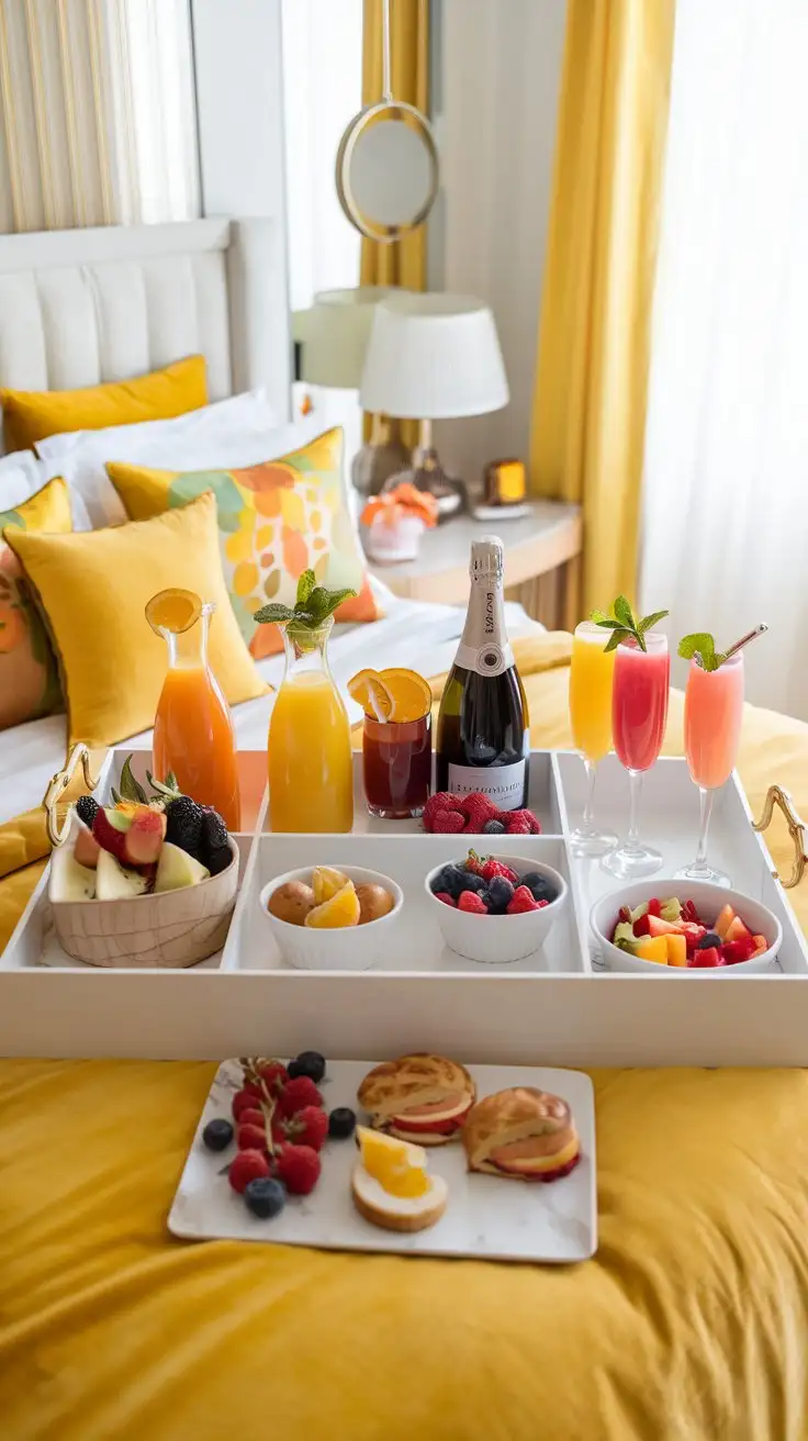 Luxurious-Mimosa-Breakfast-in-Bed-with-Fruit-Juices-and-Pastries