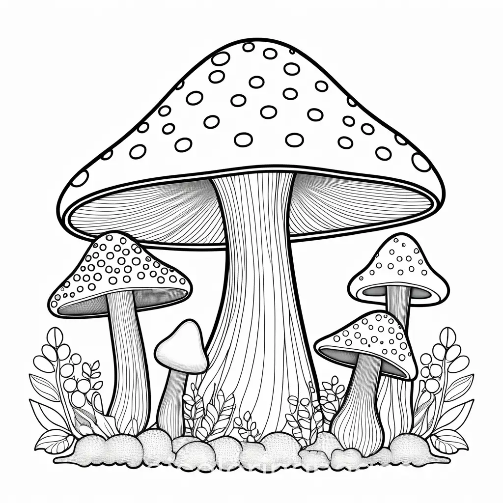 whimsical mushroom, Coloring Page, black and white, line art, white background, Simplicity, Ample White Space. The background of the coloring page is plain white to make it easy for young children to color within the lines. The outlines of all the subjects are easy to distinguish, making it simple for kids to color without too much difficulty