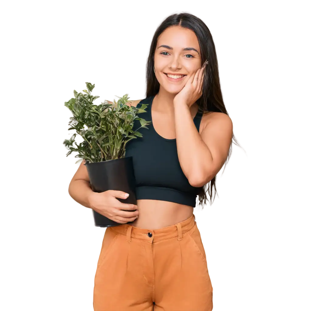 Beautiful-PNG-Image-of-a-Woman-Holding-a-Plant-and-Smiling