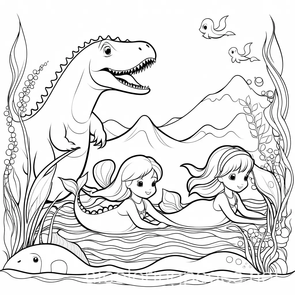 Dinosaur-Swimming-with-Mermaid-Girls-Coloring-Page