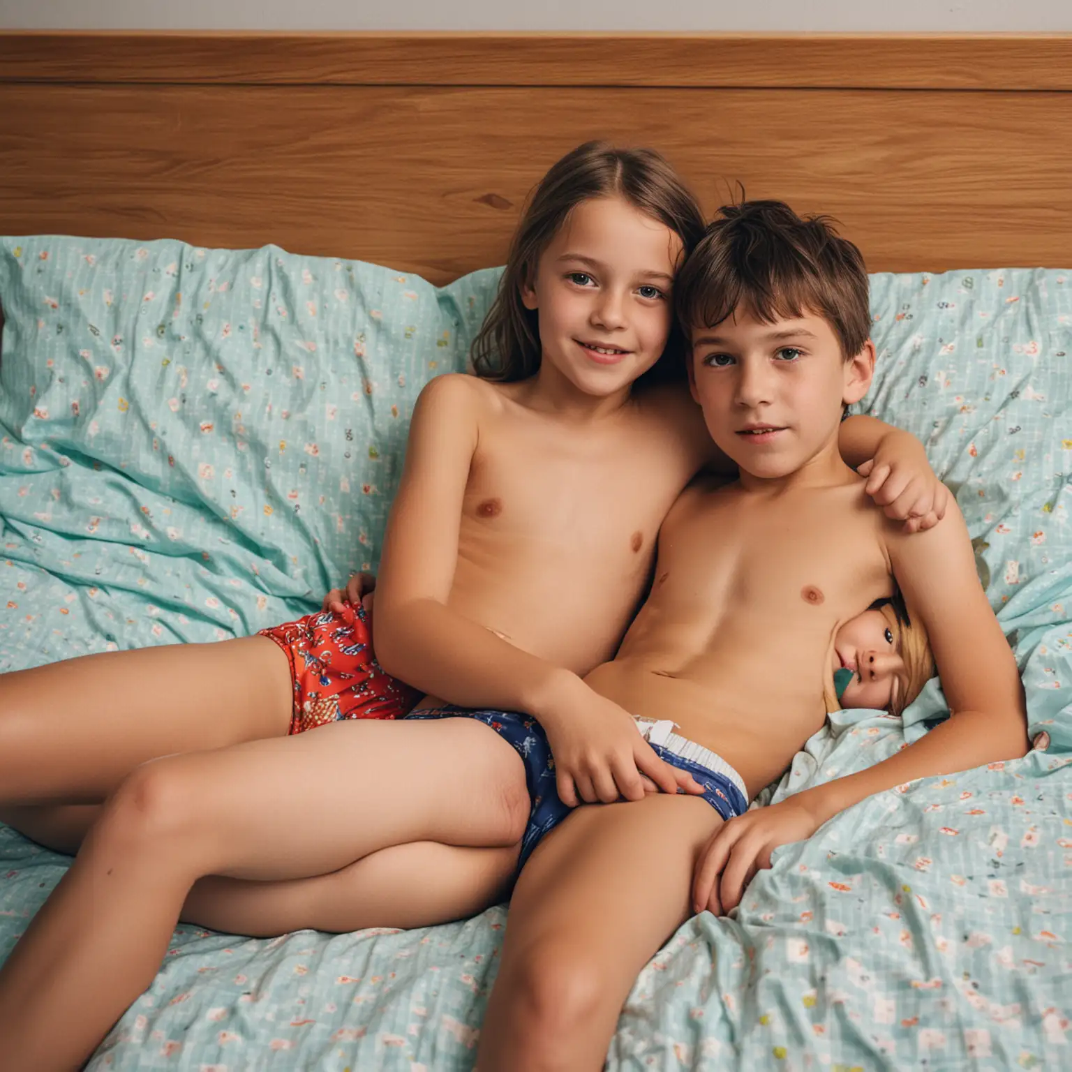 Children-Relaxing-on-Bed-in-Swimming-Trunks