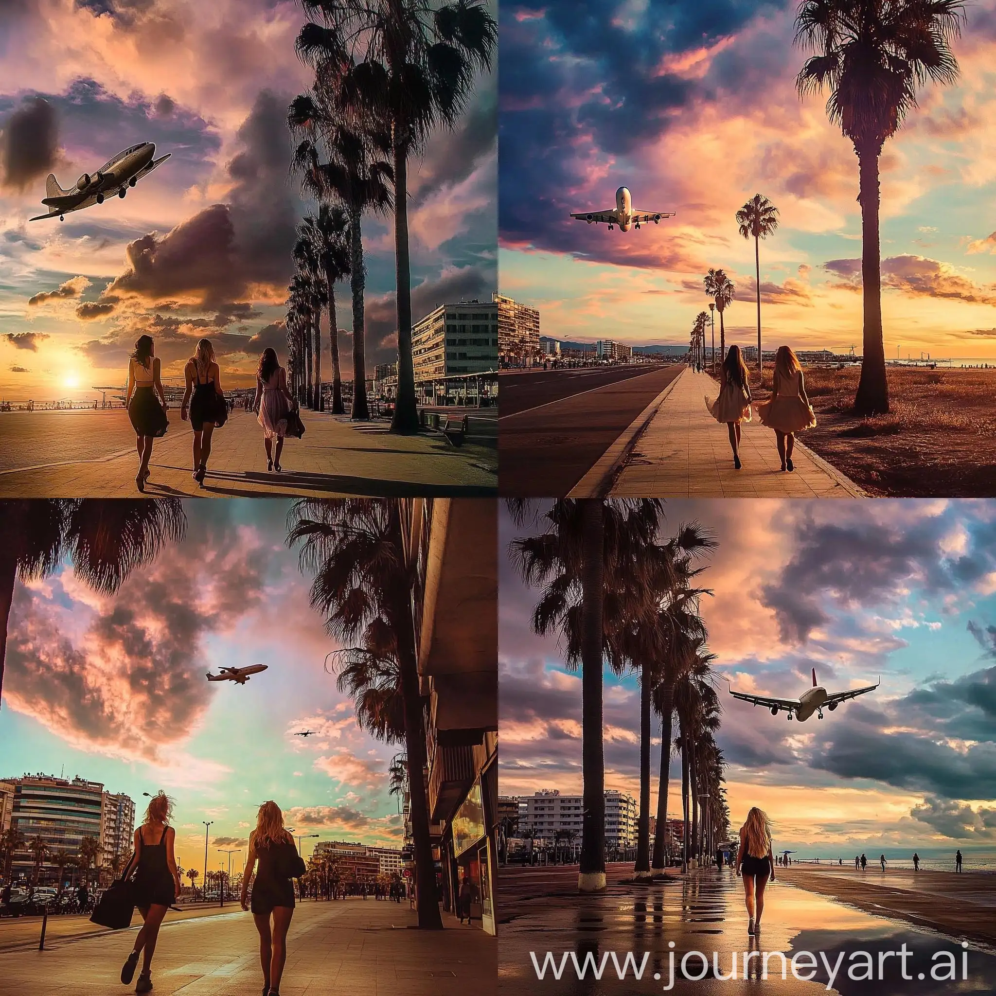 Urban-Street-Scene-with-Flying-Plane-and-Stylish-Girls