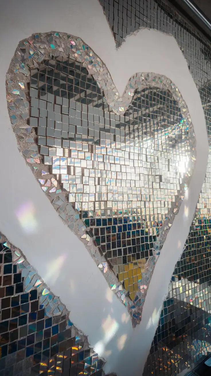 Heart-shaped mirror mosaic, small irregular mirror pieces, iridescent grout, heart shape on a white wall, modern eclectic style, natural light reflecting in mirrors, sharp focus, wide angle shot --ar 1:1 --style raw --v 6.0