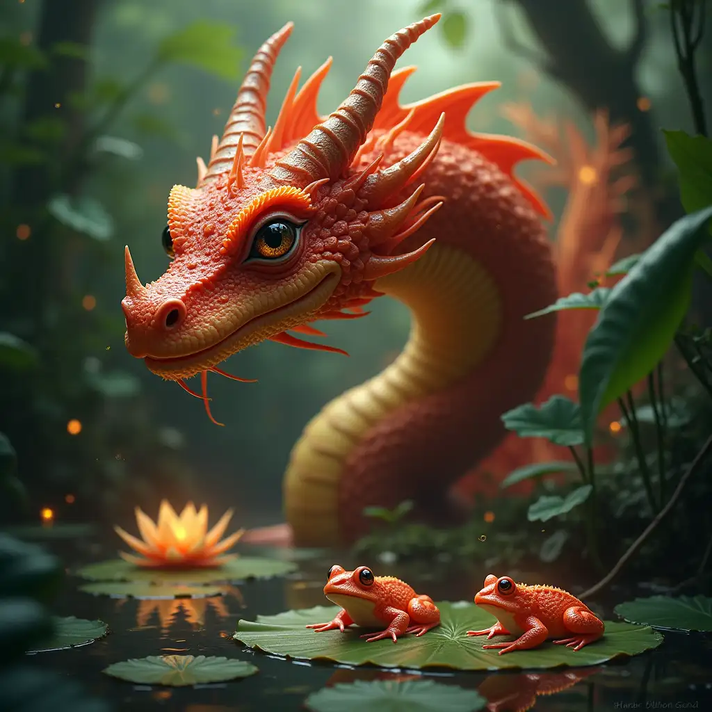 Ultra-detailed hyperrealistic digital portrait A dragon named pu, who is very beautiful and comes from fire, and the area around him is a jungle with glowing frogs on a lily pad in a pond