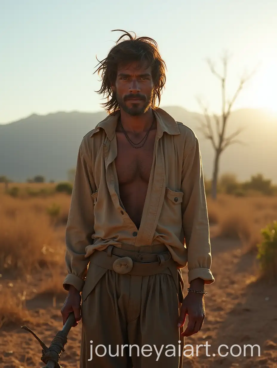 Poor-Farmer-in-Barren-Field-with-Hoe-at-Sunrise