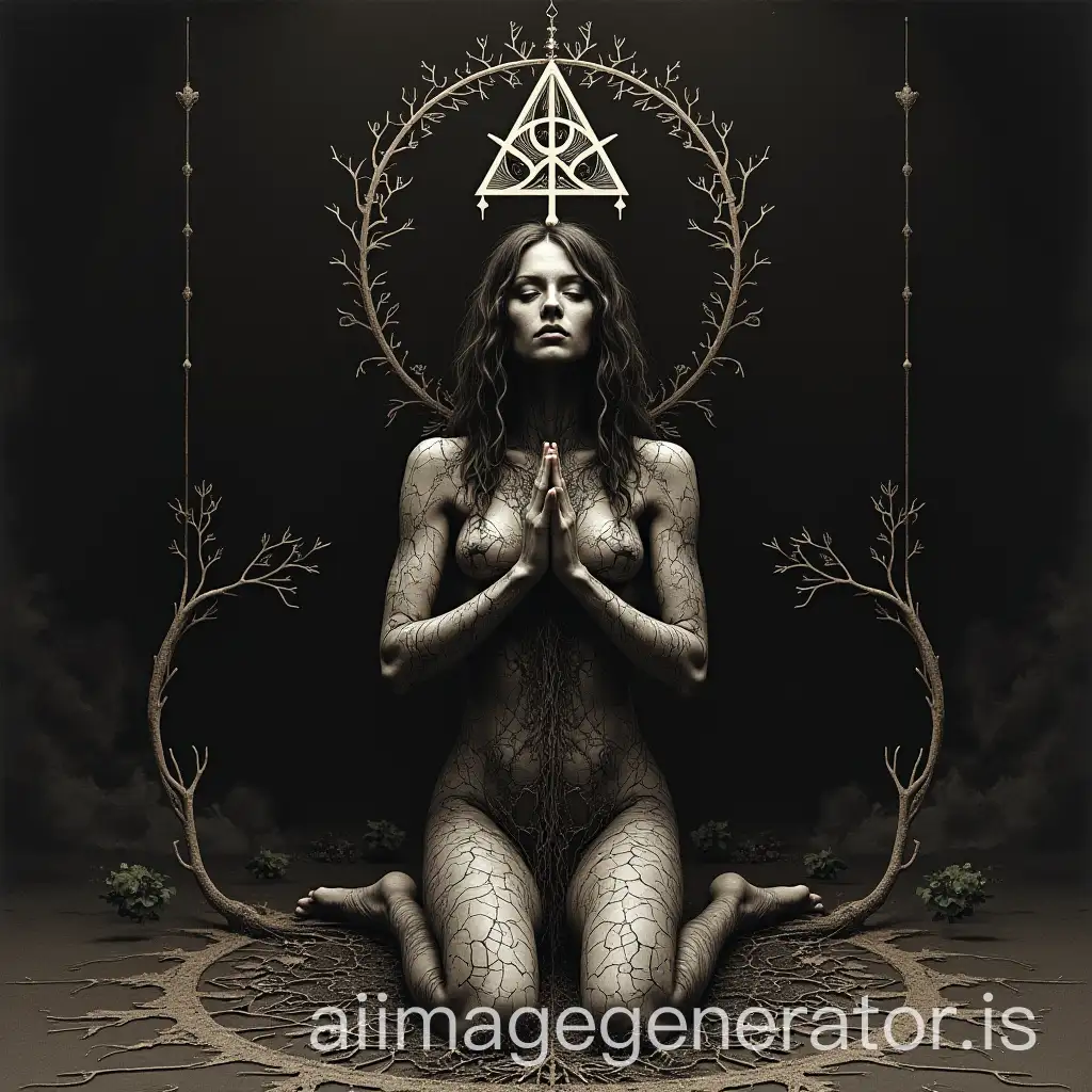 Dark art Dark Cult women praying root groving out of her body triangle logo in the middle