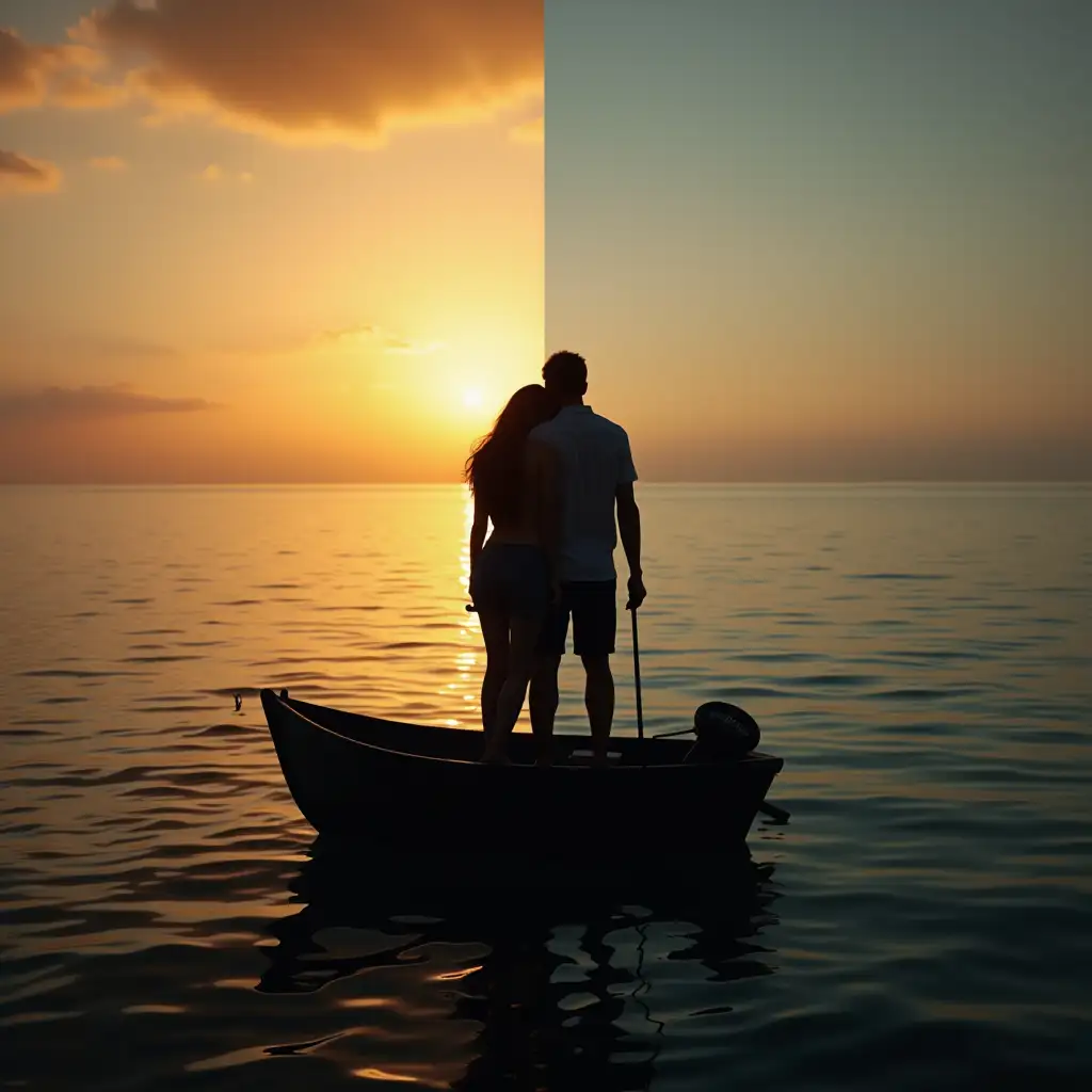 Silhouette of a man and woman standing on a small boat in the middle of an open sea, positioned at the center of the composition. The woman rests her head on the man's shoulder and he is comforting her. The scene is dramatically divided into two contrasting halves...