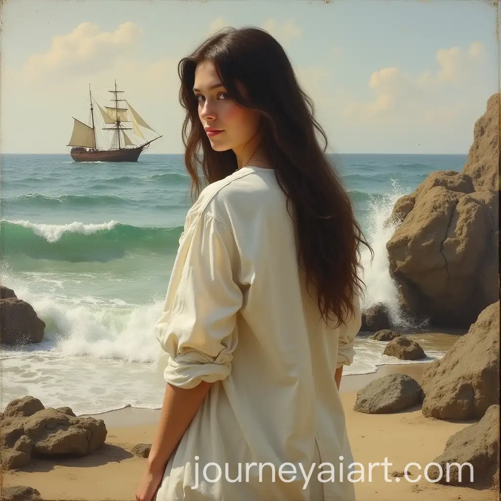 Young-Woman-on-Rocky-Beach-with-Sneaky-Smile-in-RembrandtStyle-Oil-Painting