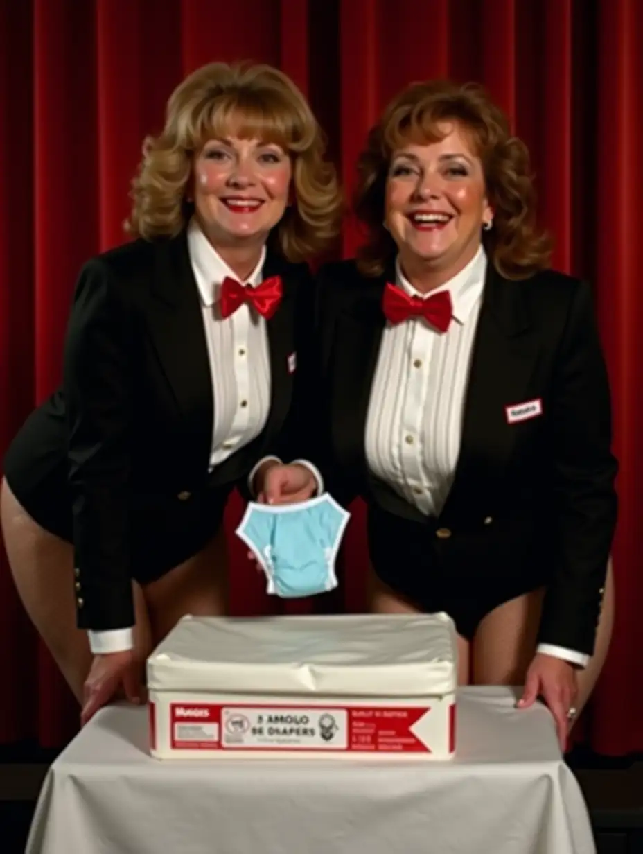 ((photo realistic)), (two matching sweet laughing older-aged larger plump obese body type with large wide hips) ((Caucasian female women)), with mid-length light brown curly pulled back on sides 1980s hair with curly bangs, wearing a very formal orchestra concert tuxedo with (black long sleeve high cut cropped above waist Eton jacket with a red and white name tag with the Huggies logo), (((white tuxedo shirt, with tight very high standing wingtip collar, and many thick vertical pleats front))), (((red diamond point bow tie with red thick adjustable neckband))), red cummerbund, (((black very tight high cut spandex brief))), fishnets, (((looking at viewer while bending forward over a white padded changing table consisting of one medium sized white and red plastic rounded box of Huggies ADULT Diapers, while holding up a very light blue large adult-sized folded plastic backed disposable diaper in her hand, on a stage, with a red curtain backdrop, with a sign that reads 'Diaper Derby'))), (((close up pov front view)))