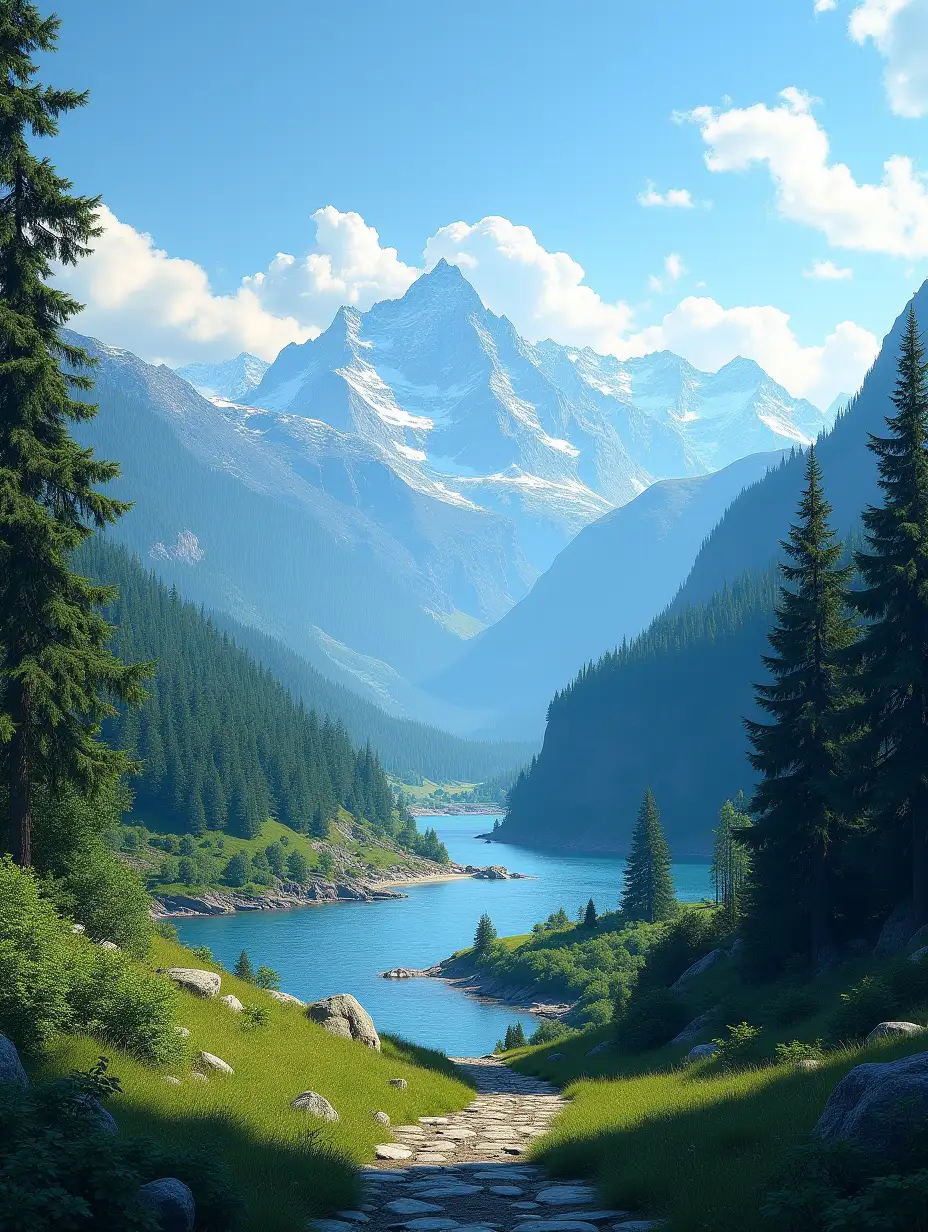 In this landscape you can see mountains almost as high as the skyscrapers of New York. In the bottom right there's a lush forest where its trees cast shadows. On the horizon, there are mountains as high as Everest. Above, a blue sky with cotton candy clouds. On the left, the forest continues through the middle of the image, and following on the right, lower down, a river that starts on the right and makes a ninety-degree turn and the river ends in the foreground, to the left of the river there's a path of stones leading towards us.