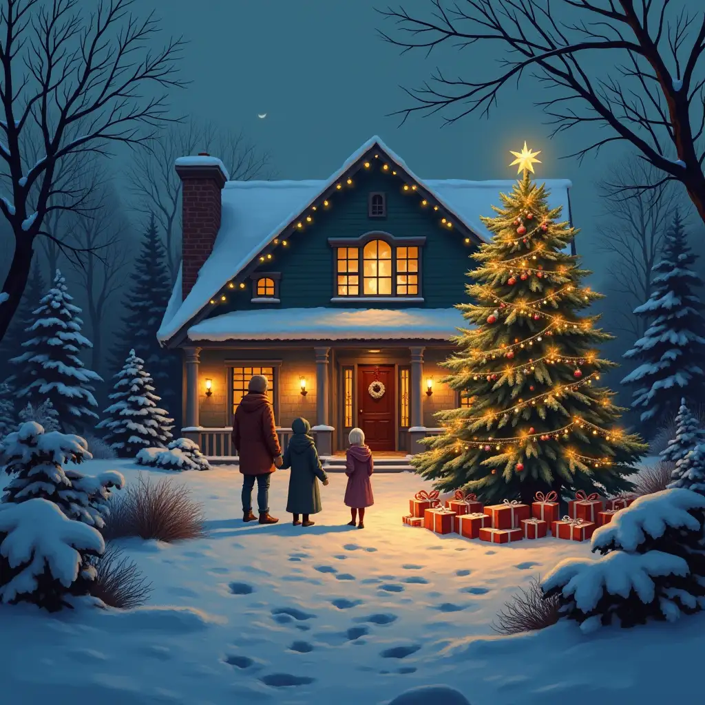 A snowy landscape with a warm and inviting house in the background, with lights and decorations and visible through the large windows is a family gathered around a Christmas tree, surrounded by candles, ornaments, and presents.