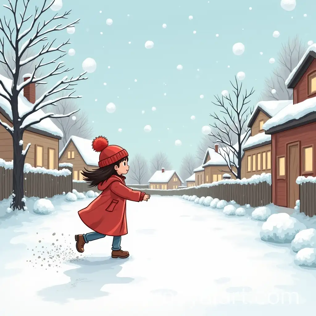 Little-Girl-Imagining-a-Snowball-Fight-in-Her-Village