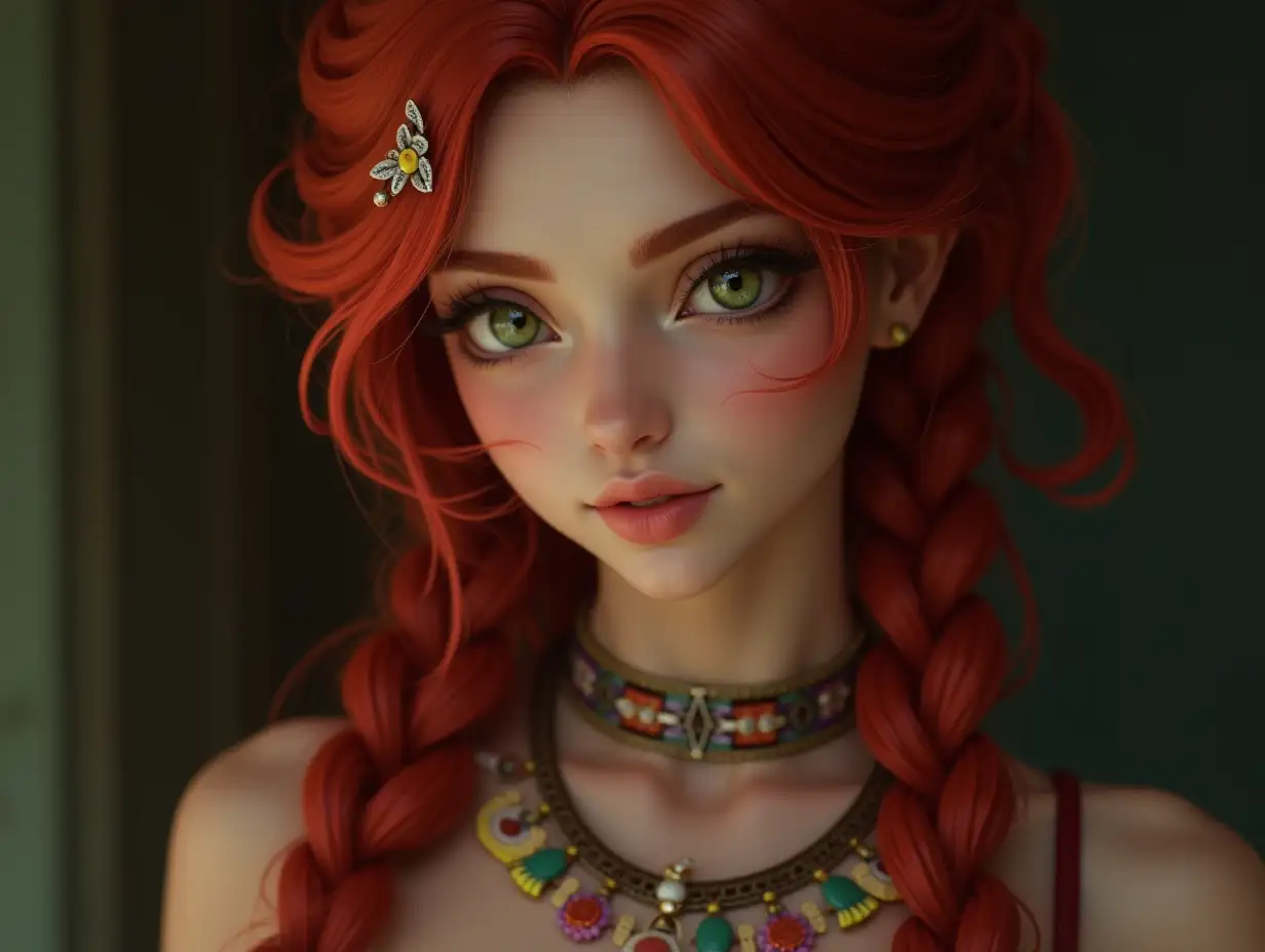 Detailed photorealistic photo of a woman with red braids, green eyes and a necklace with colorful ornaments in 8K resolution