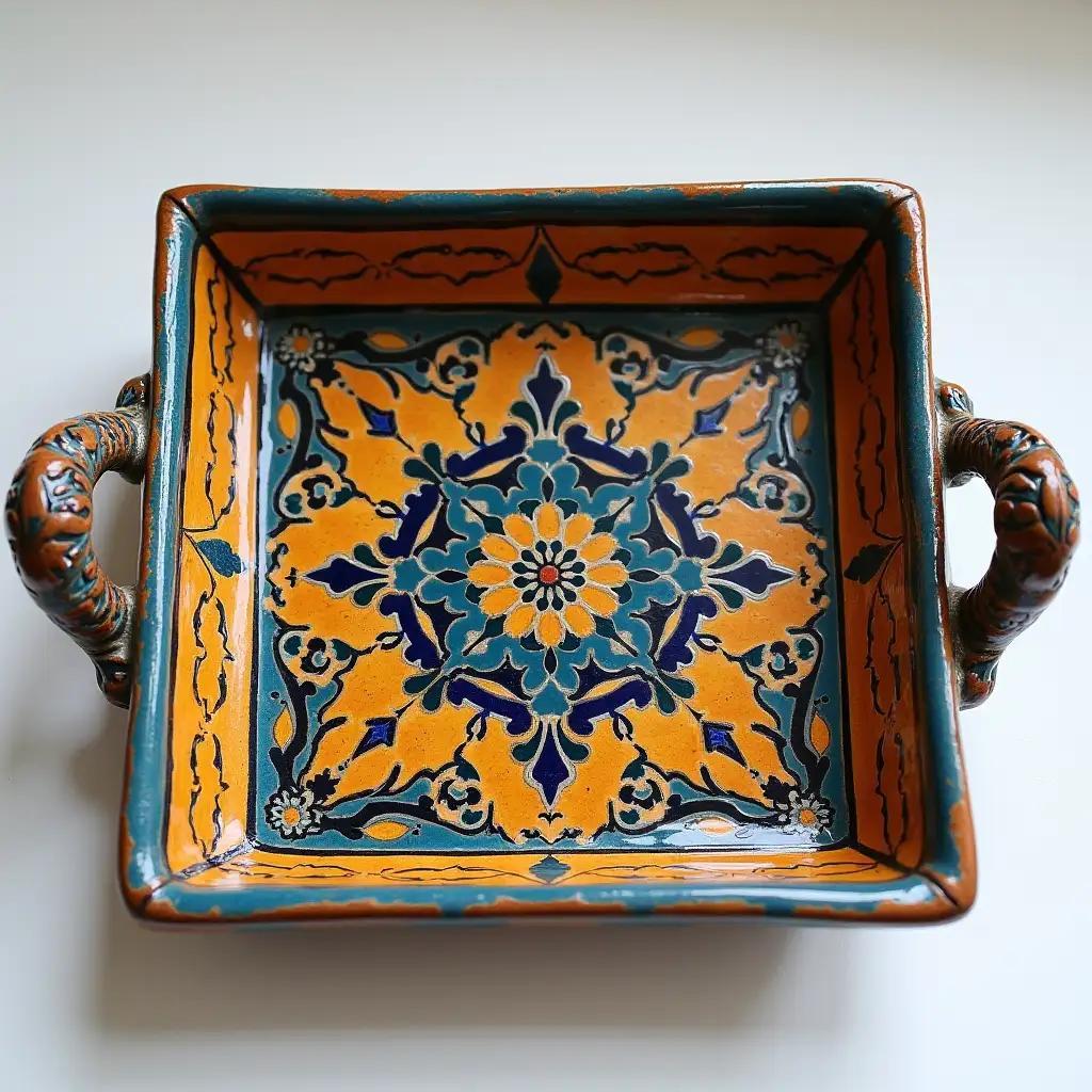 Square with rounded corners ceramic serving dish withe embossed beautiful handle, antique and old, Qajar art, Iranian Tabriz carpet design