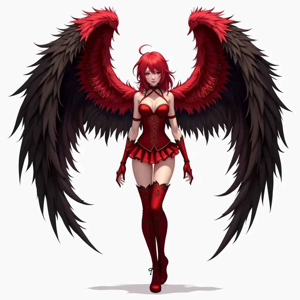 A female figure with striking red hair and large, intricately designed wings exists. She wears a form-fitting, red corset and skirt, complemented by matching red boots and knee-high laced boots. The wings are expansive, with a mix of red and black feathers, and the center of the wings is adorned with a rose-like pattern. The background is neutral, allowing the viewer to focus solely on the character.