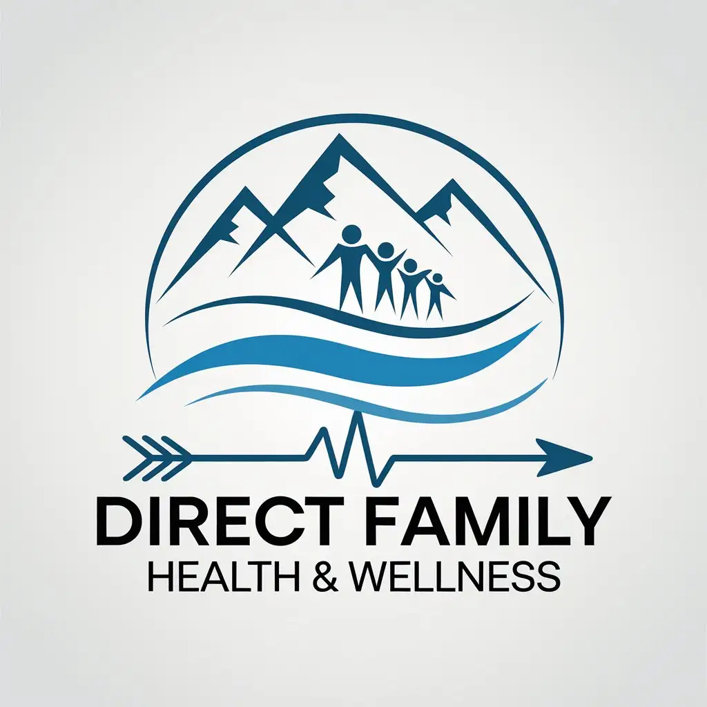 LOGO Design for Direct Family Health Wellness Vector Style with Mountains Waves Arrow and Family Theme