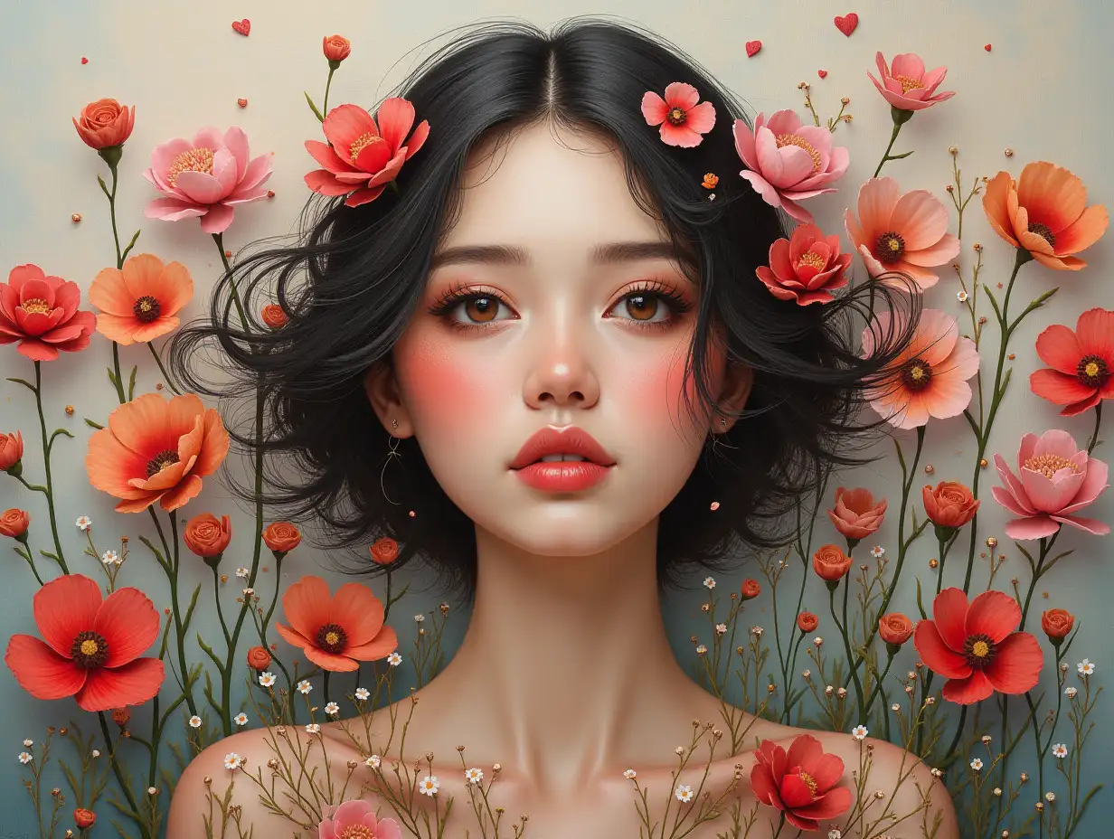 Centered on a three-dimensional painting of a beautiful woman, the surrounding space is filled with small abstract flowers