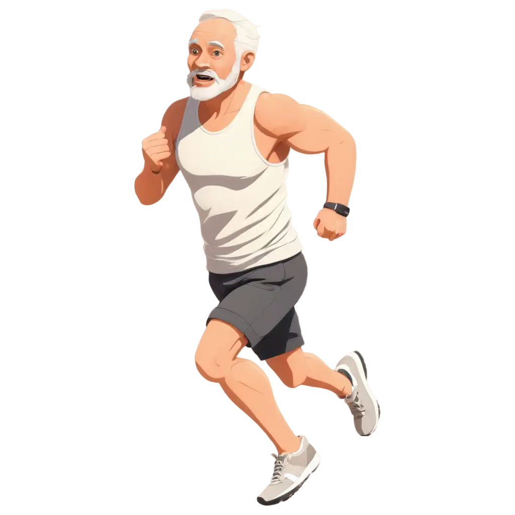 A 2D cartoonish illustration of an active elderly man around 80–90 years old, running outdoors as part of his exercise routine. He has a fit, muscular body with defined arms and legs. He is bald on top with short white hair on the sides. He looks energetic and confident, wearing a sleeveless athletic shirt, shorts, and running shoes. His posture is upright, and his facial expression is cheerful and full of vitality. The style is cartoonish with smooth lines, soft shading, and dynamic motion. Transparent background, PNG format.