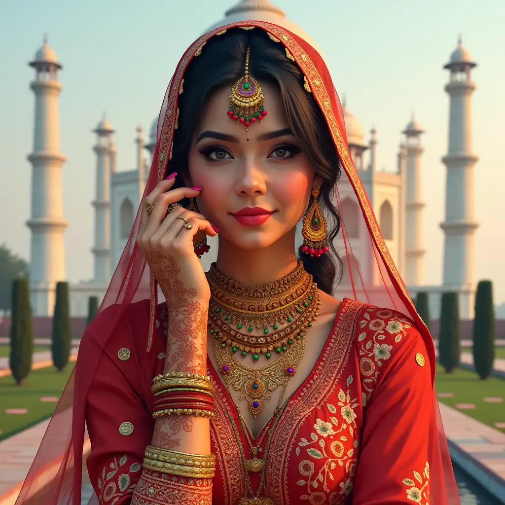 Create a digital painting showcasing vibrant Indian ethnic clothing, henna patterns, and floral jewelry on a female model set against backdrop of the Taj Mahal celebrating the culture.